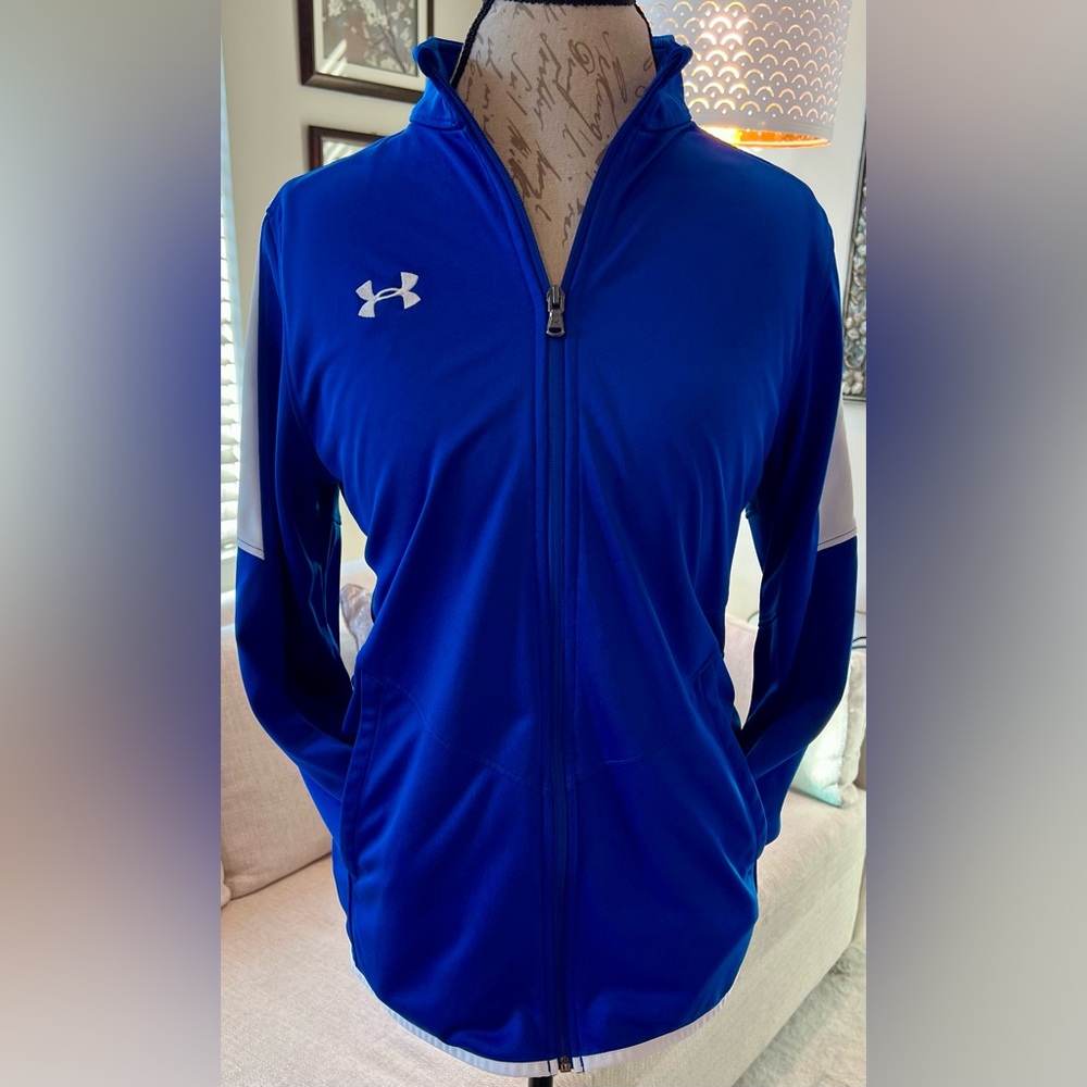 Under Armour RIVAL Relaxed Fit Royal Blue and White Zip Up Jacket Small